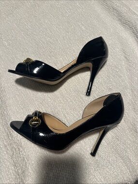 Chadwicks Black Patent Peep-Toe Heels with Gold Accent